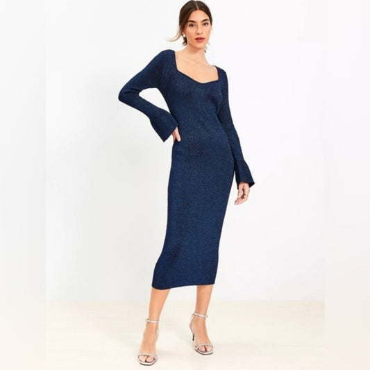 NWT LOFT Blue Shimmer Sweater Dress Size Large | Metallic Knit Midi Bodycon Bell