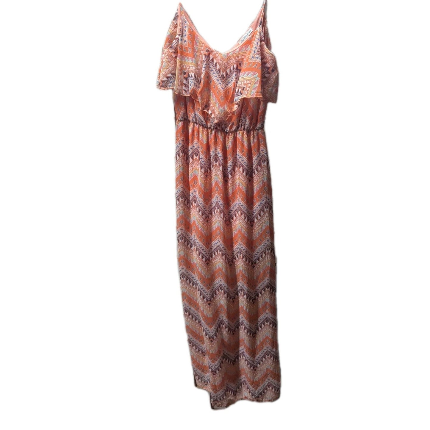 Y2K Charlotte Russe Small Orange Tribal Chevron Ruffle Maxi Dress Spaghetti...