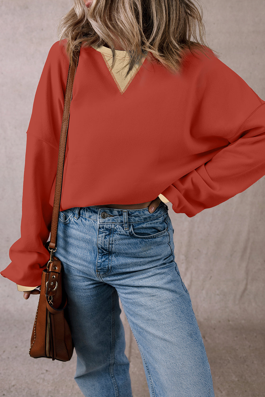 Red Clay Color Block Patch Drop Shoulder Oversized Sweatshirt - Scarlett's Riverside Boutique 