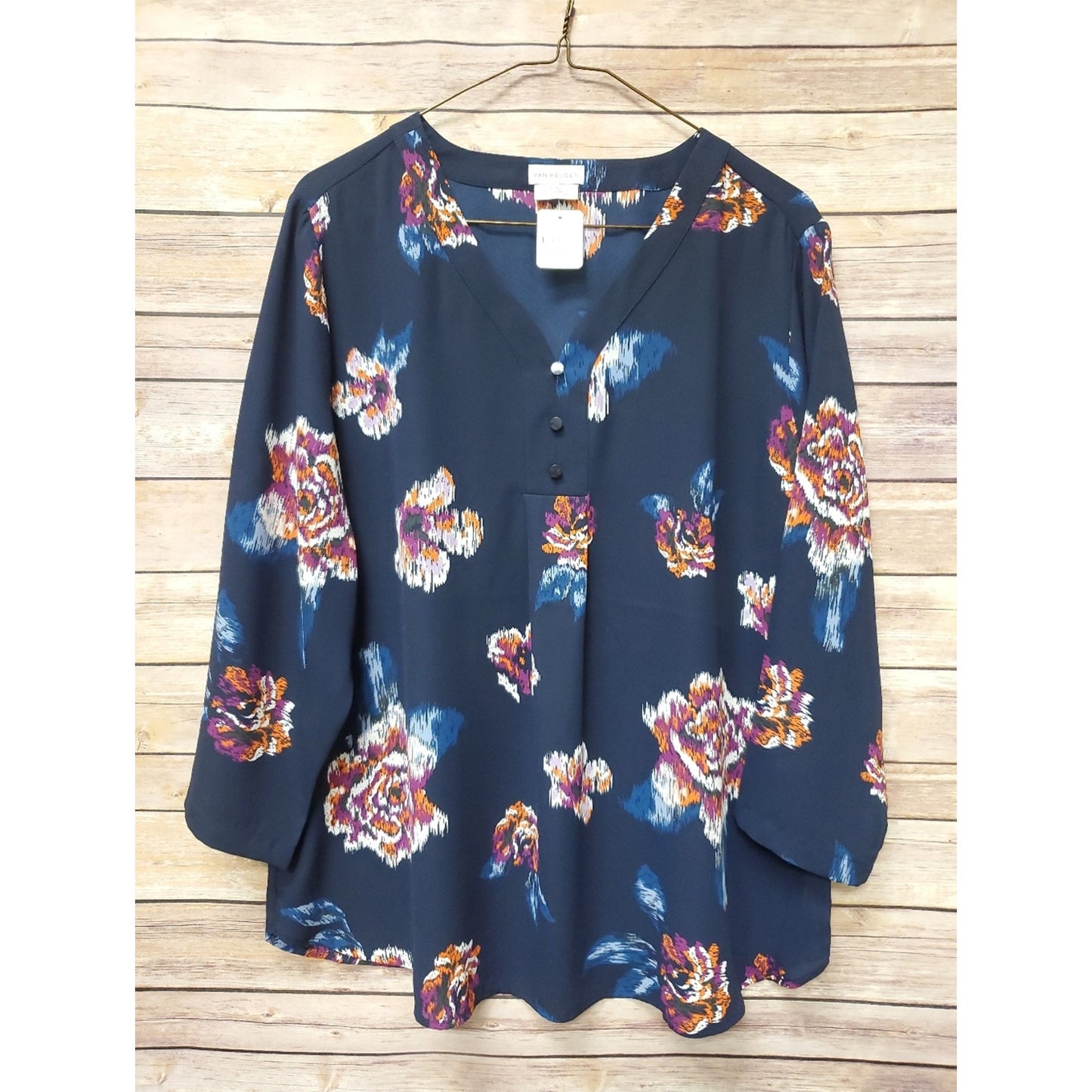 Van Heusen Women’s Large Navy Floral Blouse 3/4 Sleeve V Neck Button Front Work