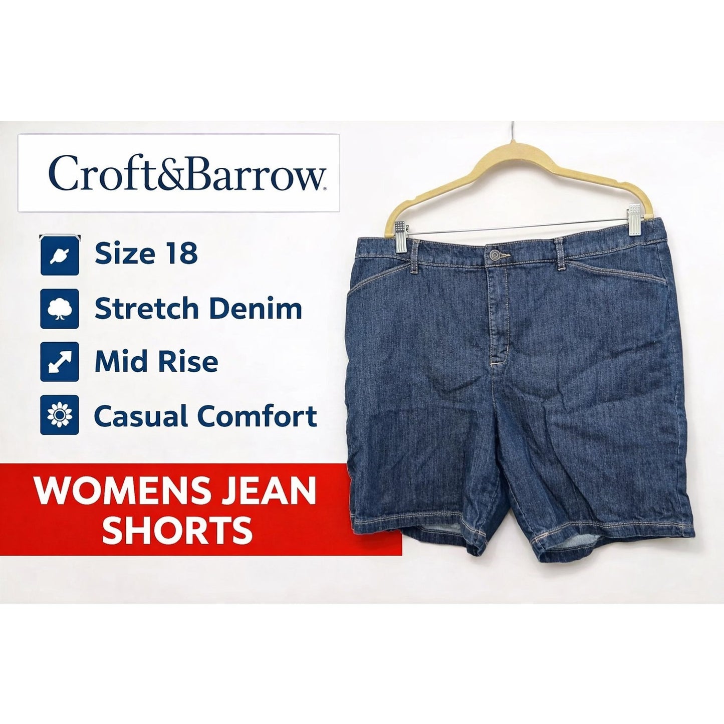 Croft & Barrow Denim Shorts Womens Size 18 Blue Stretch Mid Rise Casual Jean...