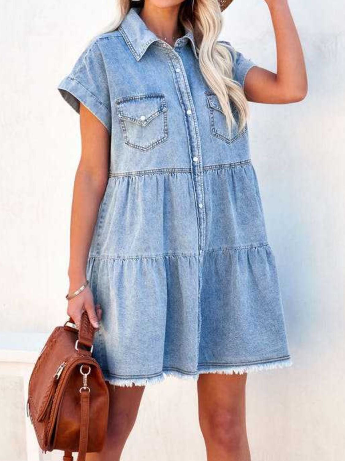 Raw Hem Short Sleeve Denim Dress - Scarlett's Riverside Boutique 