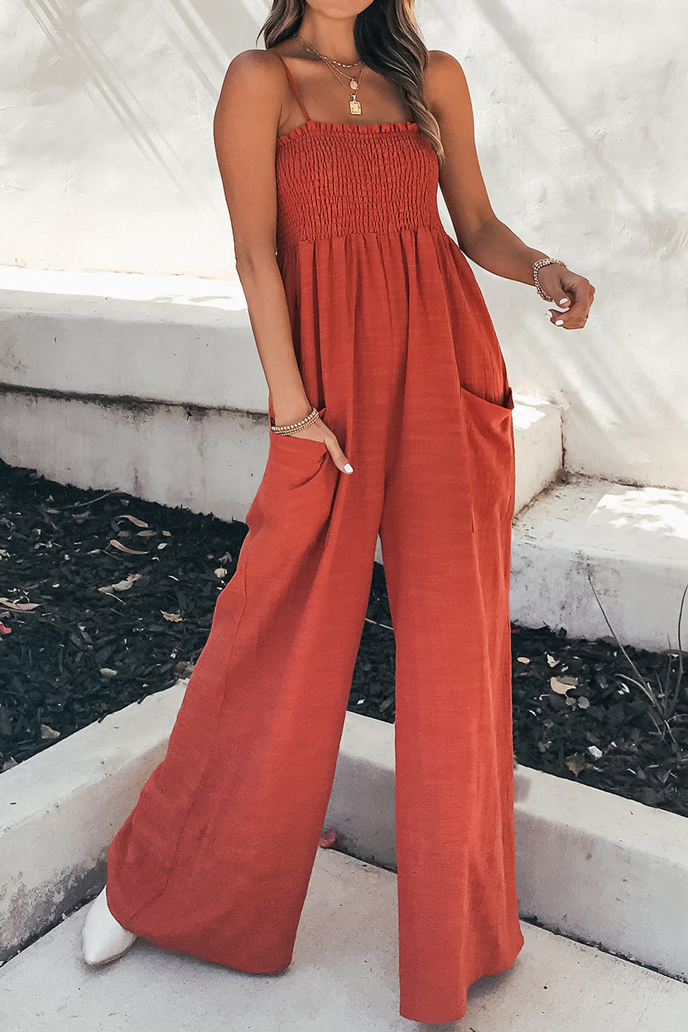 Smocked Spaghetti Strap Wide Leg Jumpsuit - Scarlett's Riverside Boutique 