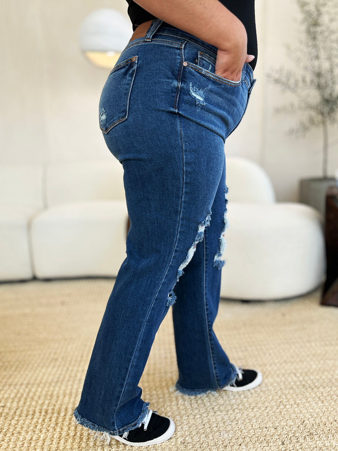 Judy Blue Full Size Mid Rise Distressed Raw Hem Jeans - Scarlett's Riverside Boutique 