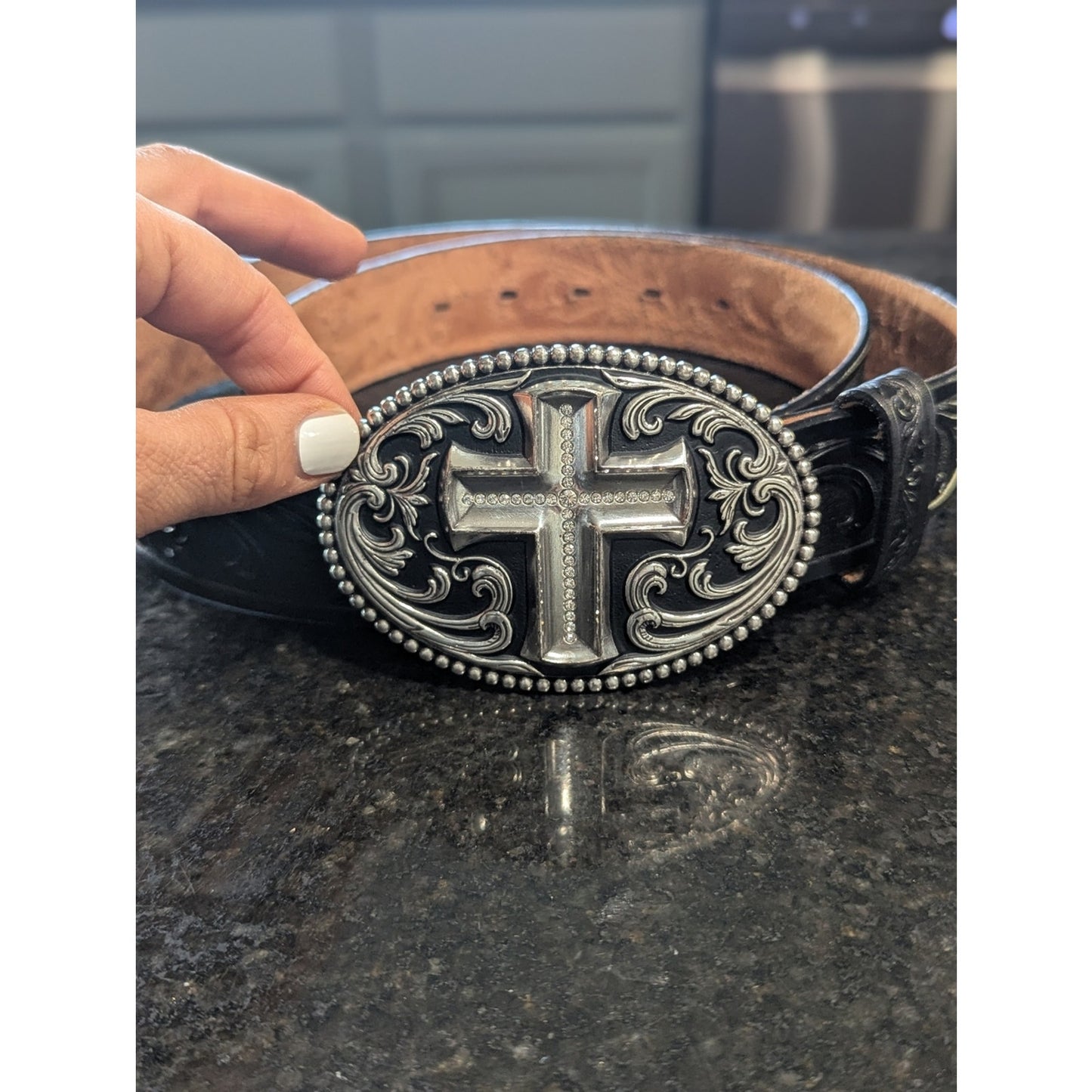 Tony Lama Black Tooled Leather Western Belt Cross Silver Buckle Size 36 Made USA