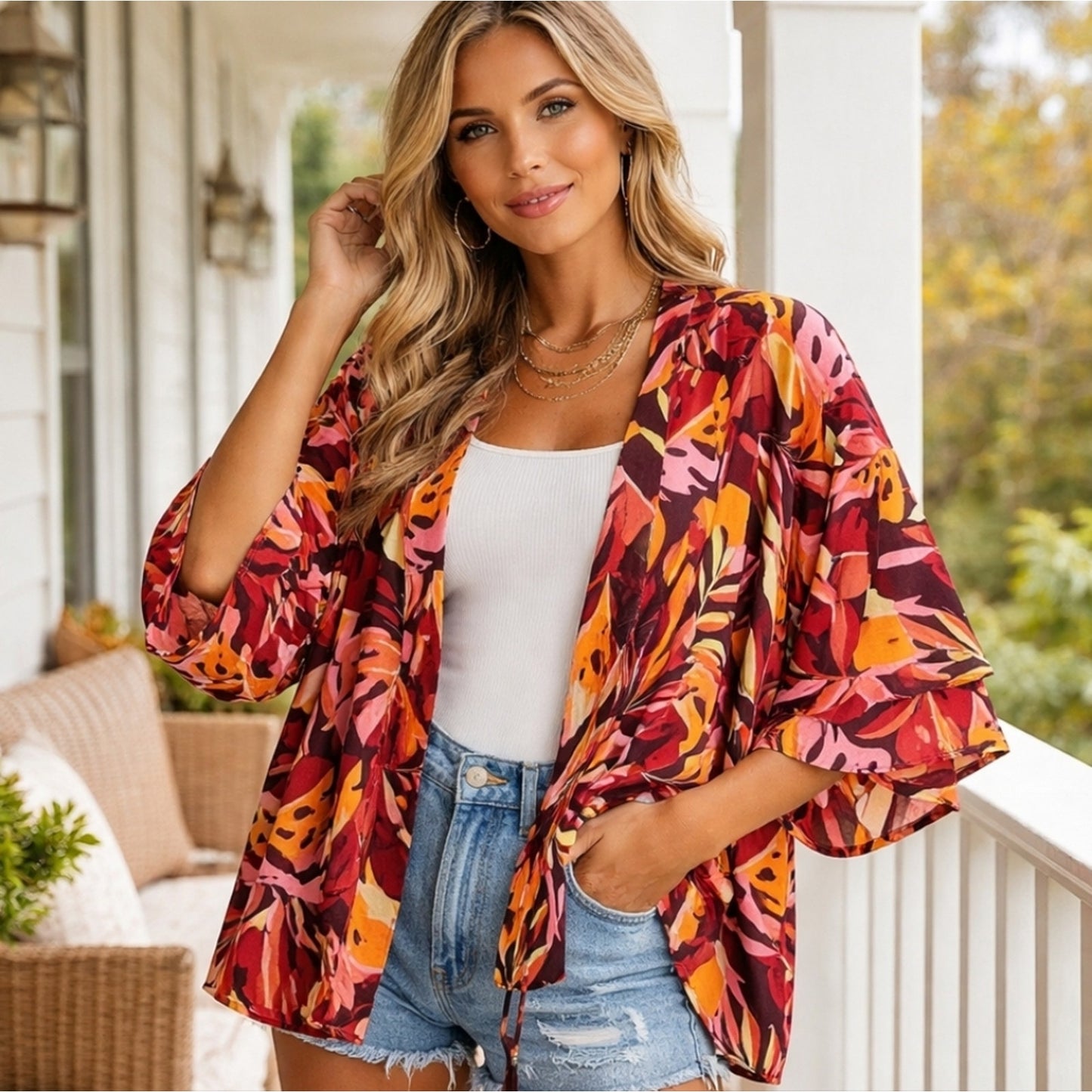 NWT Tropical Leaf Kimono Cardigan S/M | Bold Fall Boho Open Front Lightweigh #D1