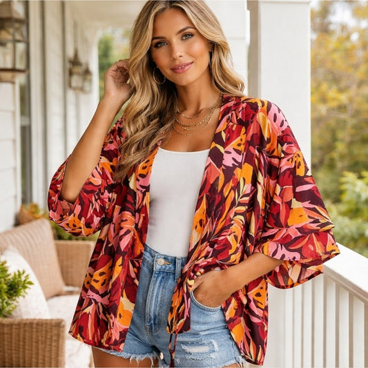 NWT Tropical Leaf Kimono Cardigan S/M | Bold Fall Boho Open Front Lightweigh #D1