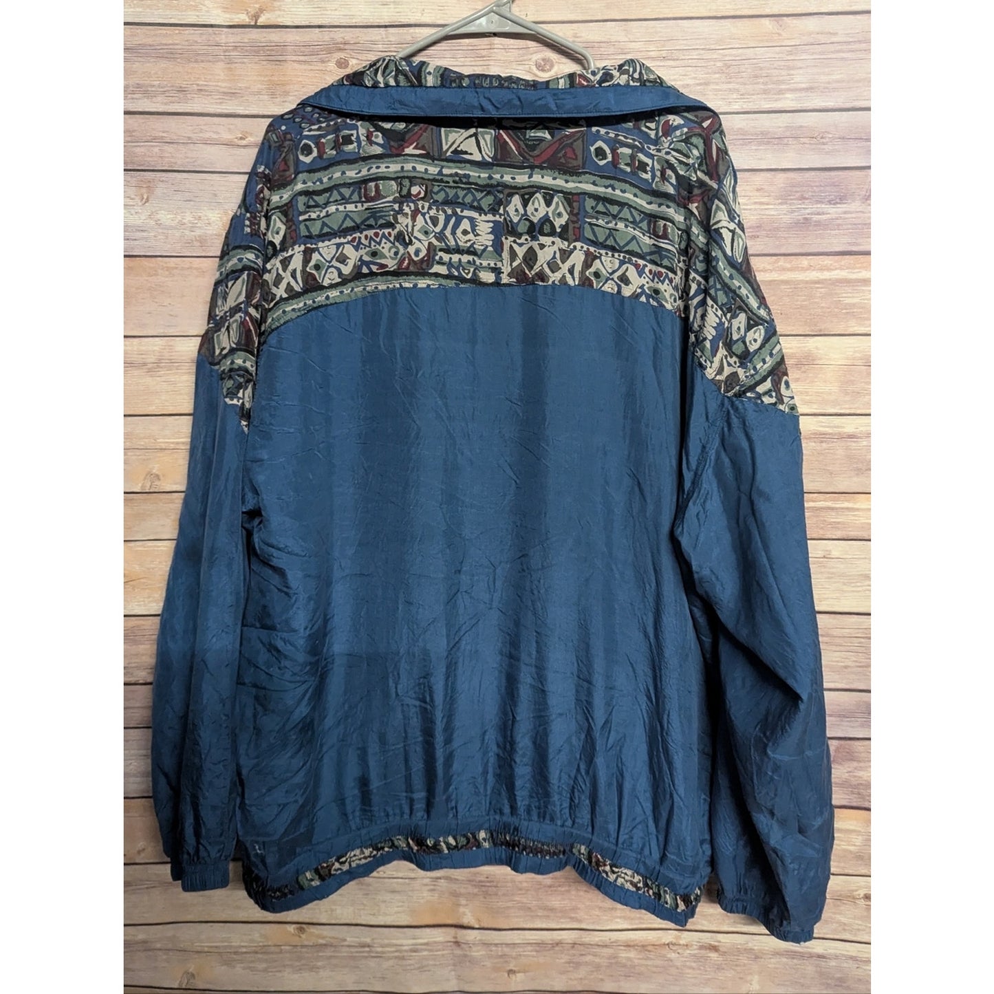 Vintage Tall Girl Silk Bomber Jacket Women’s Large Blue Tribal Geometric Windbre
