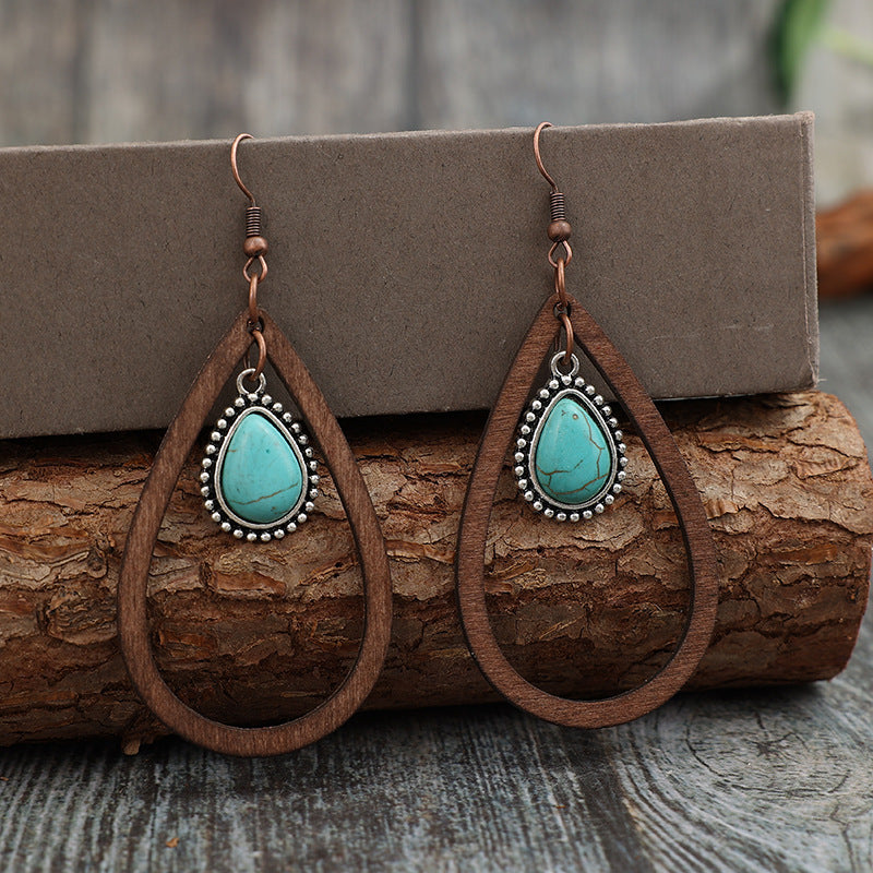 Wooden Turquoise Cutout Teardrop Earrings - Scarlett's Riverside Boutique 