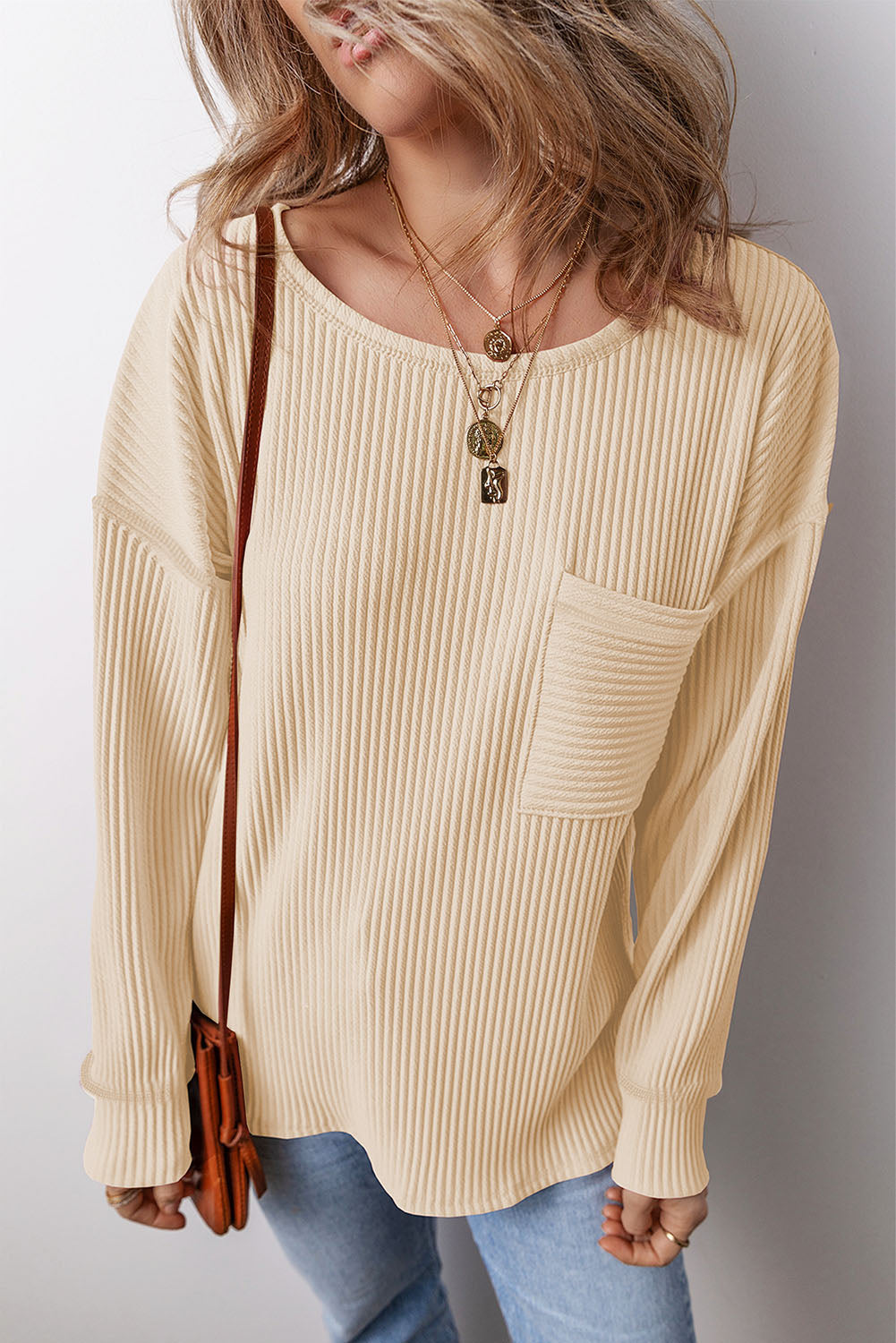 Pocketed Round Neck Long Sleeve Top - Scarlett's Riverside Boutique 