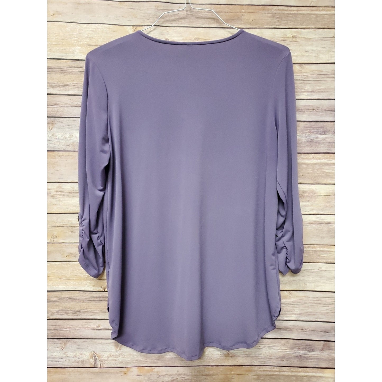 Zenana Outfitters Purple Zip Neck Blouse Women’s Large 3/4 Ruched Sleeve Stretch
