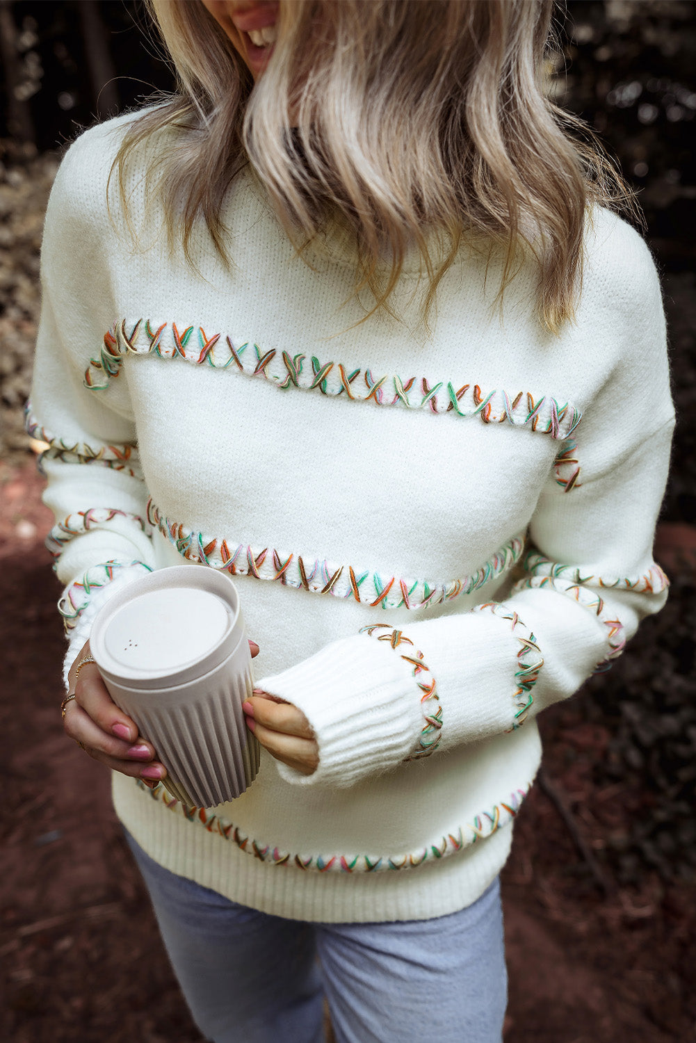 White Colorful Crossed Stitch Drop Shoulder Sweater - Scarlett's Riverside Boutique 