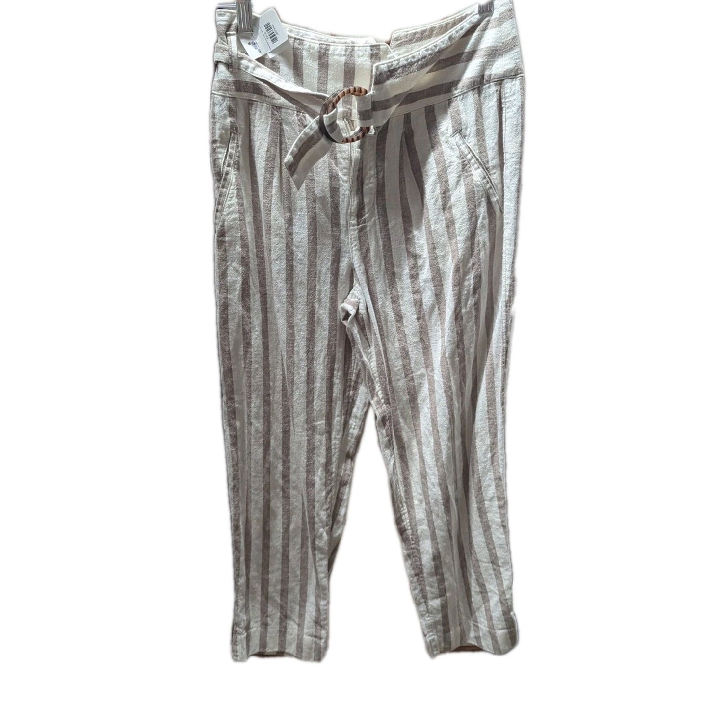 Anthropologie Linen Cotton White Brown Stripe High Rise Pocket Chino Pant 2P #K7