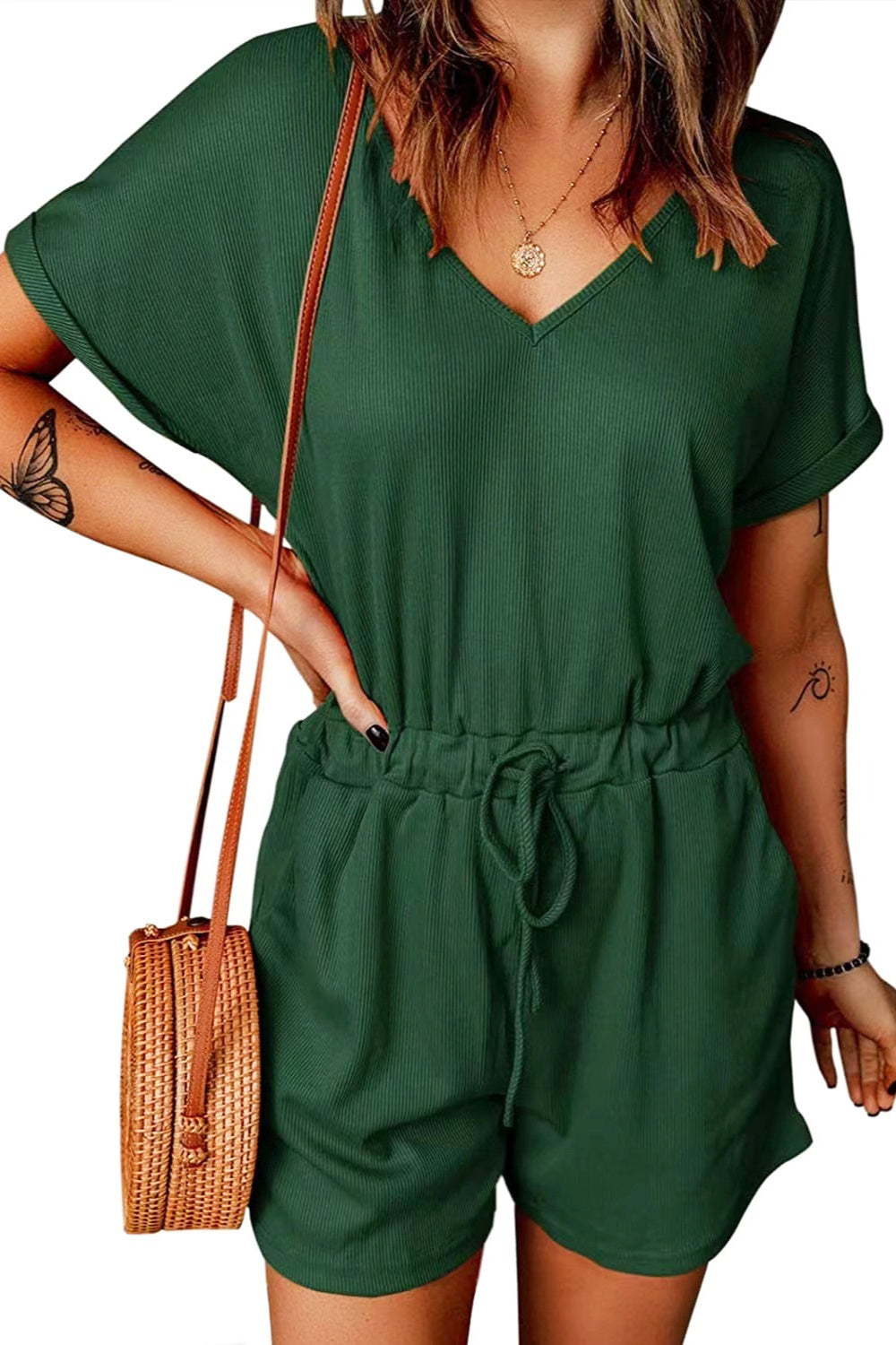 Full Size Drawstring V-Neck Short Sleeve Romper - Scarlett's Riverside Boutique 