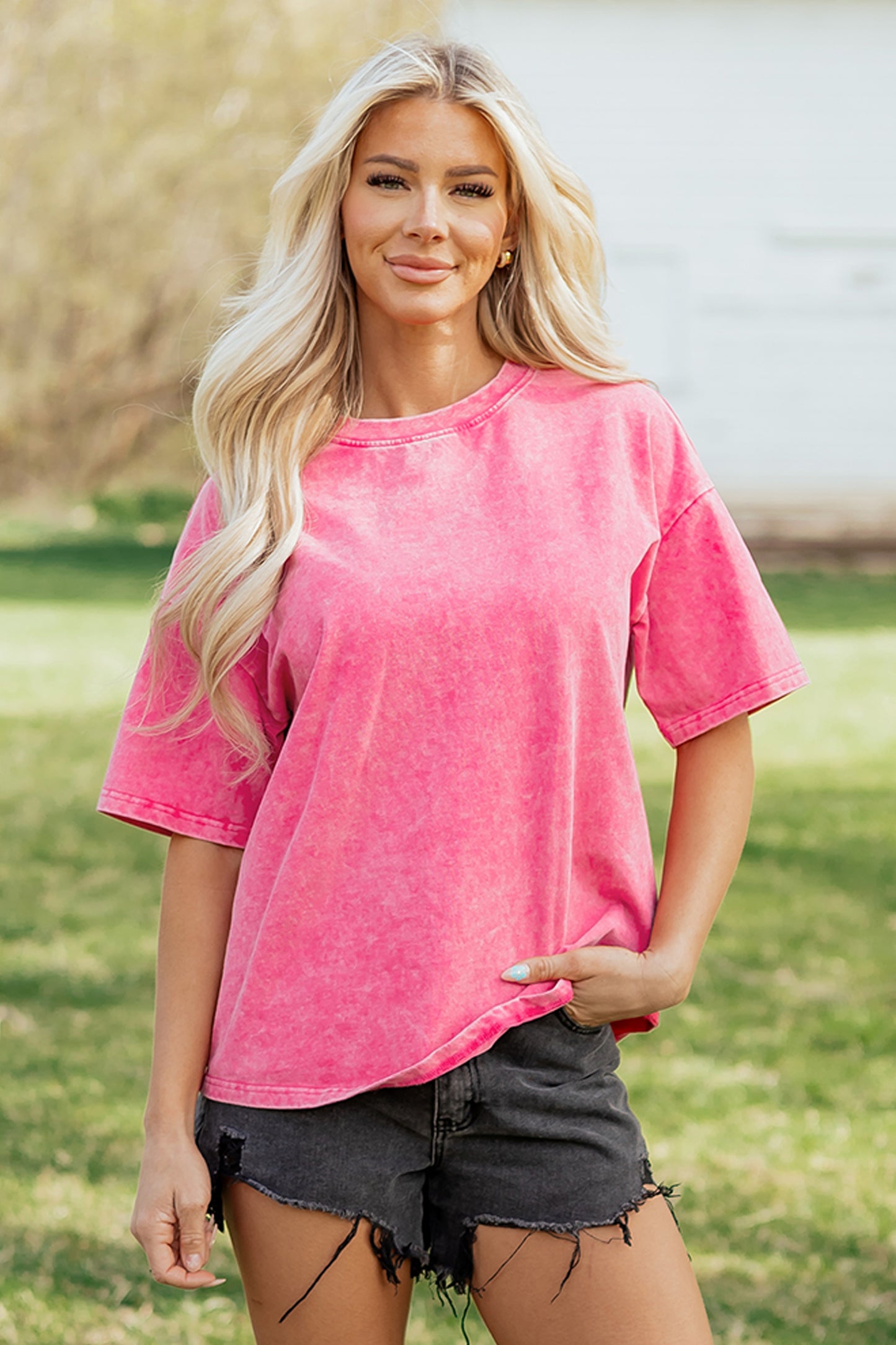 Sachet Pink Mineral Washed Oversized Cotton Tee Womens Casual Short Sleeve Relaxed Top