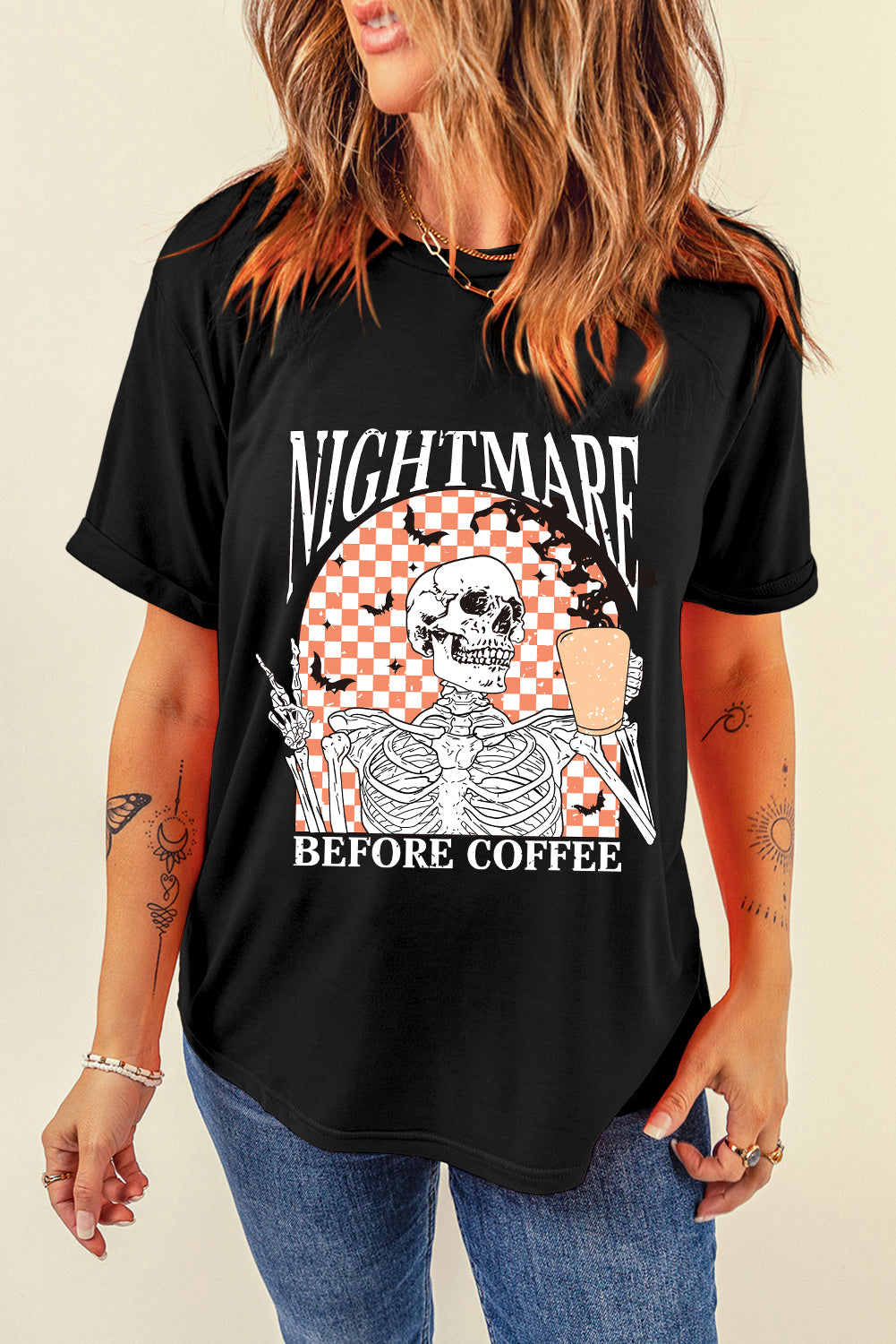 Black Nightmare Before Coffee Skull Checkerboard Graphic Halloween Tee - Scarlett's Riverside Boutique 