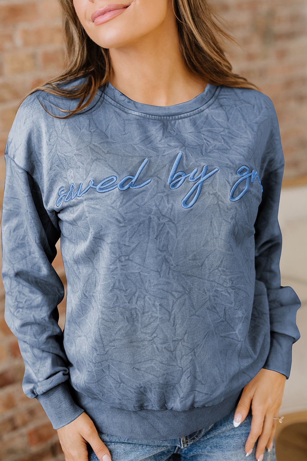 Mineral Red saved by grace Letter Embroidery Mineral Wash Loose Sweatshirt