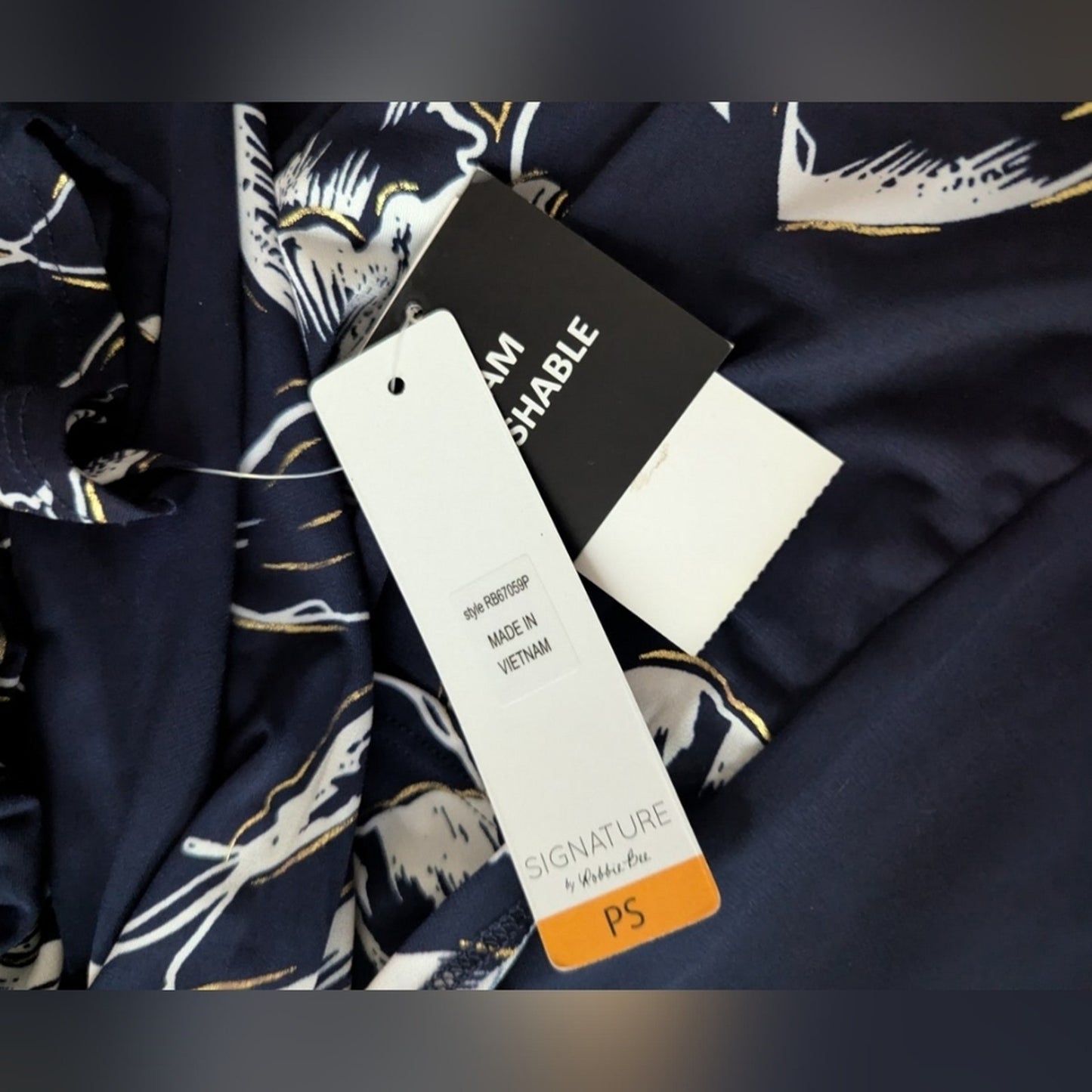 Signature by Robbie Bee Navy and White Floral Tie-Accent Shift Dress Sz PS. #G13