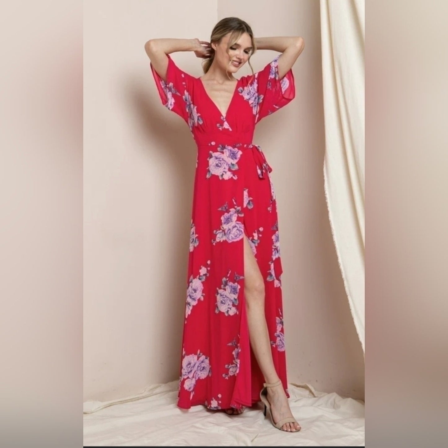 Hot pink wrap maxi dress #B58