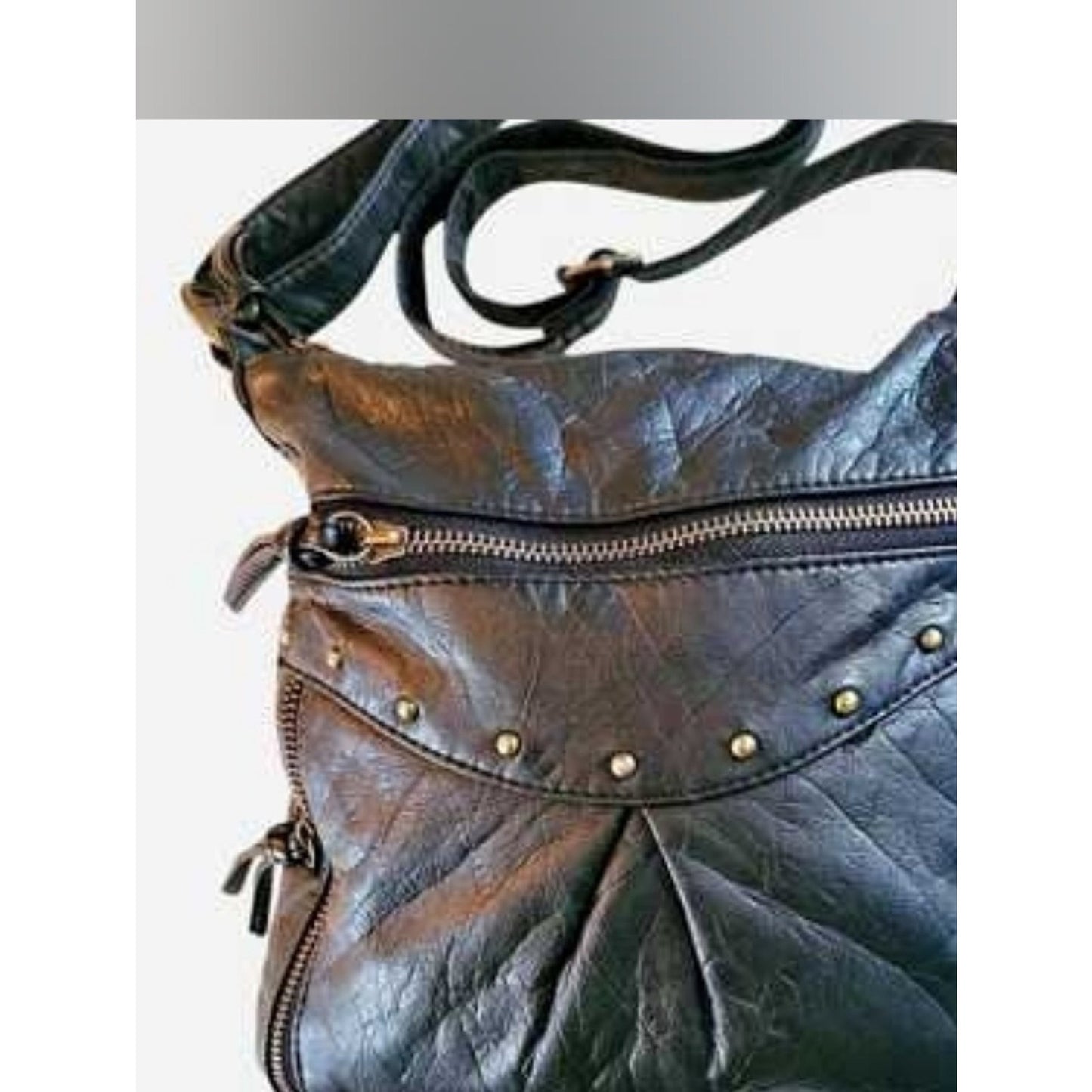 Vintage 80s Bueno Black Leather Crossbody Bag Studded Zip Pocket Boho Slouch Pur