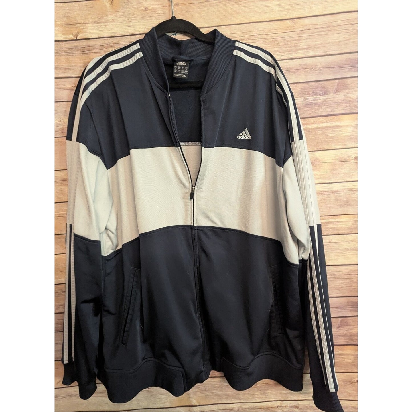 Adidas Track Jacket Mens XL Navy Blue Cream Full Zip 3 Stripe Colorblock Y2K