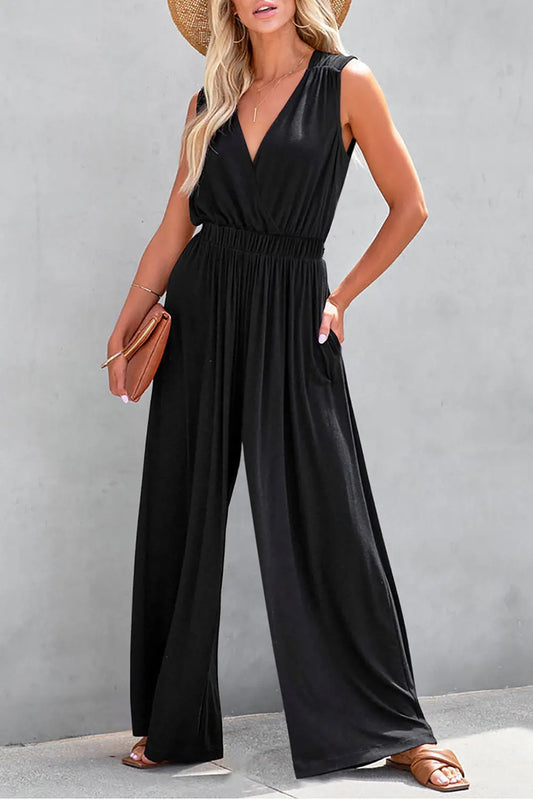 Black Deep V Pleated Crisscross Wide Leg Backless Jumpsuit - Scarlett's Riverside Boutique 