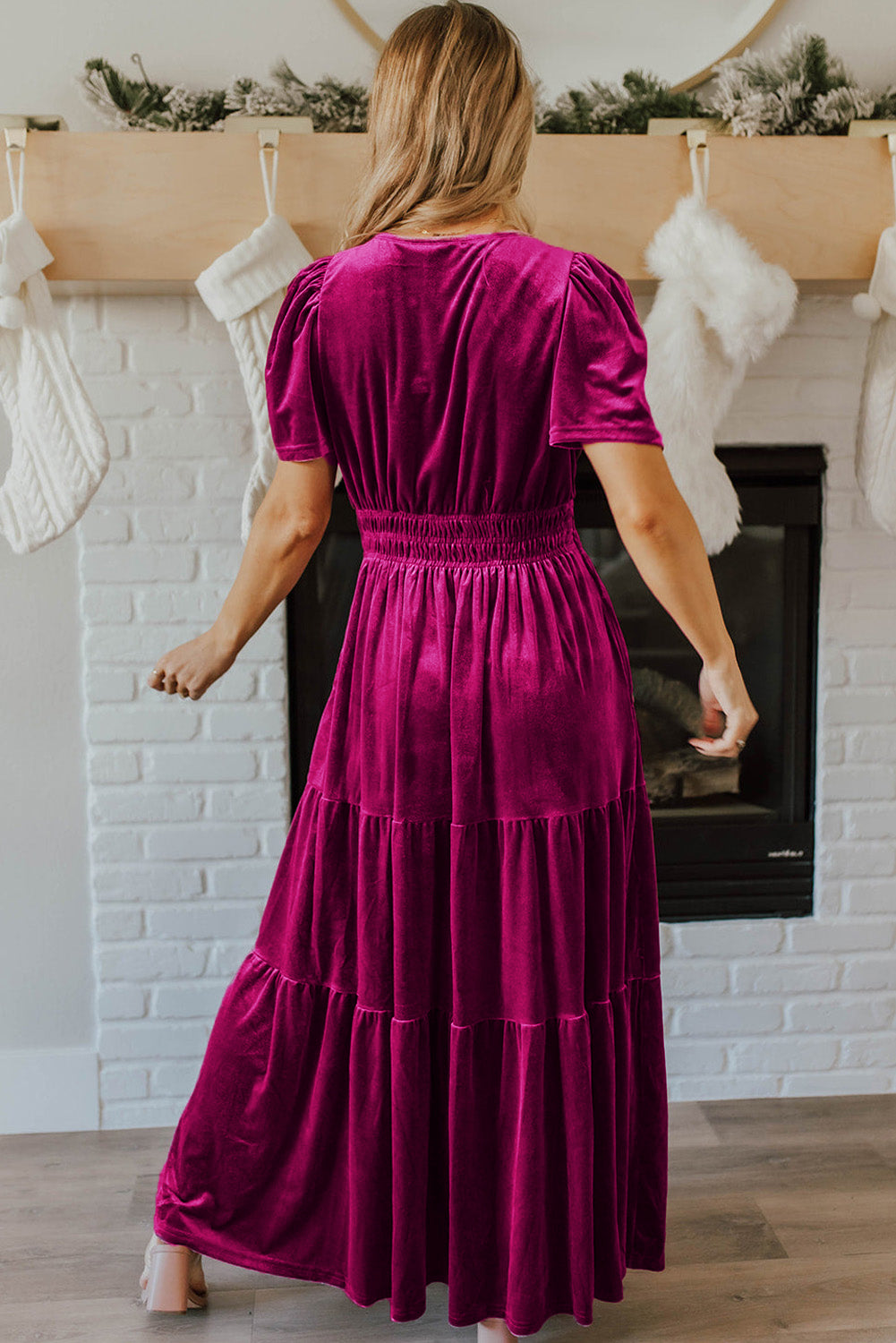 Red Dahlia Velvet Short Sleeve Shirred Waist Tiered Maxi Dress - Scarlett's Riverside Boutique 