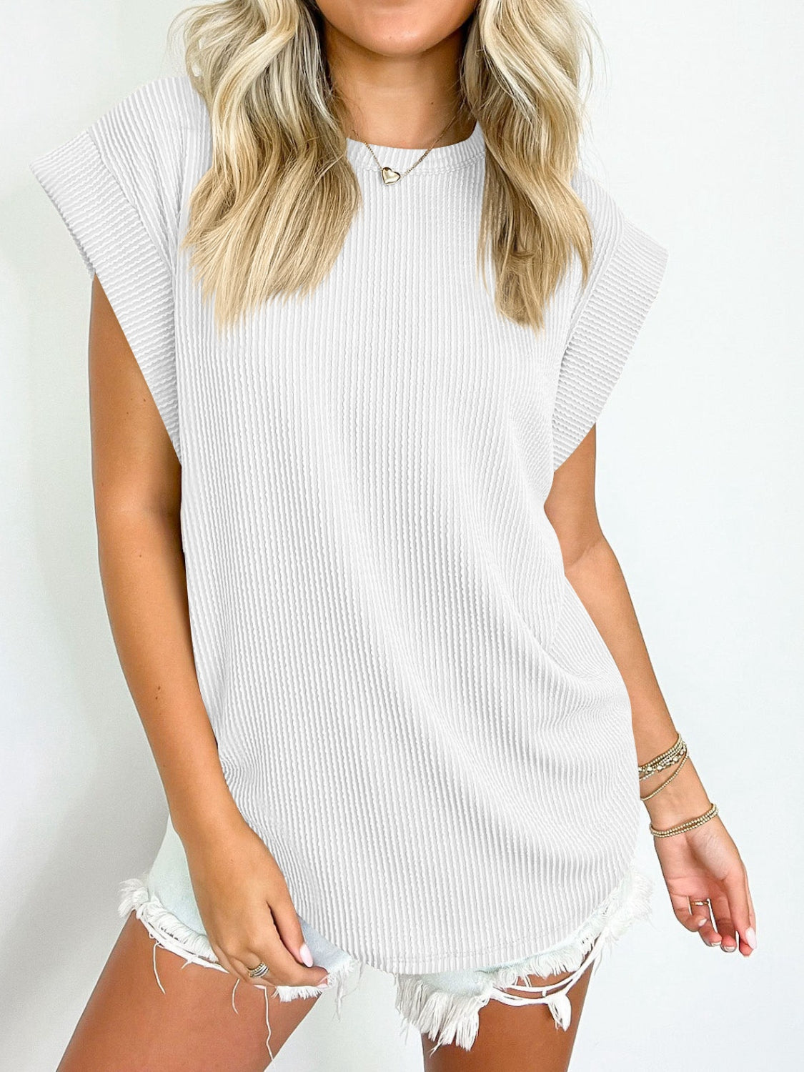 Textured Round Neck Cap Sleeve Blouse - Scarlett's Riverside Boutique 