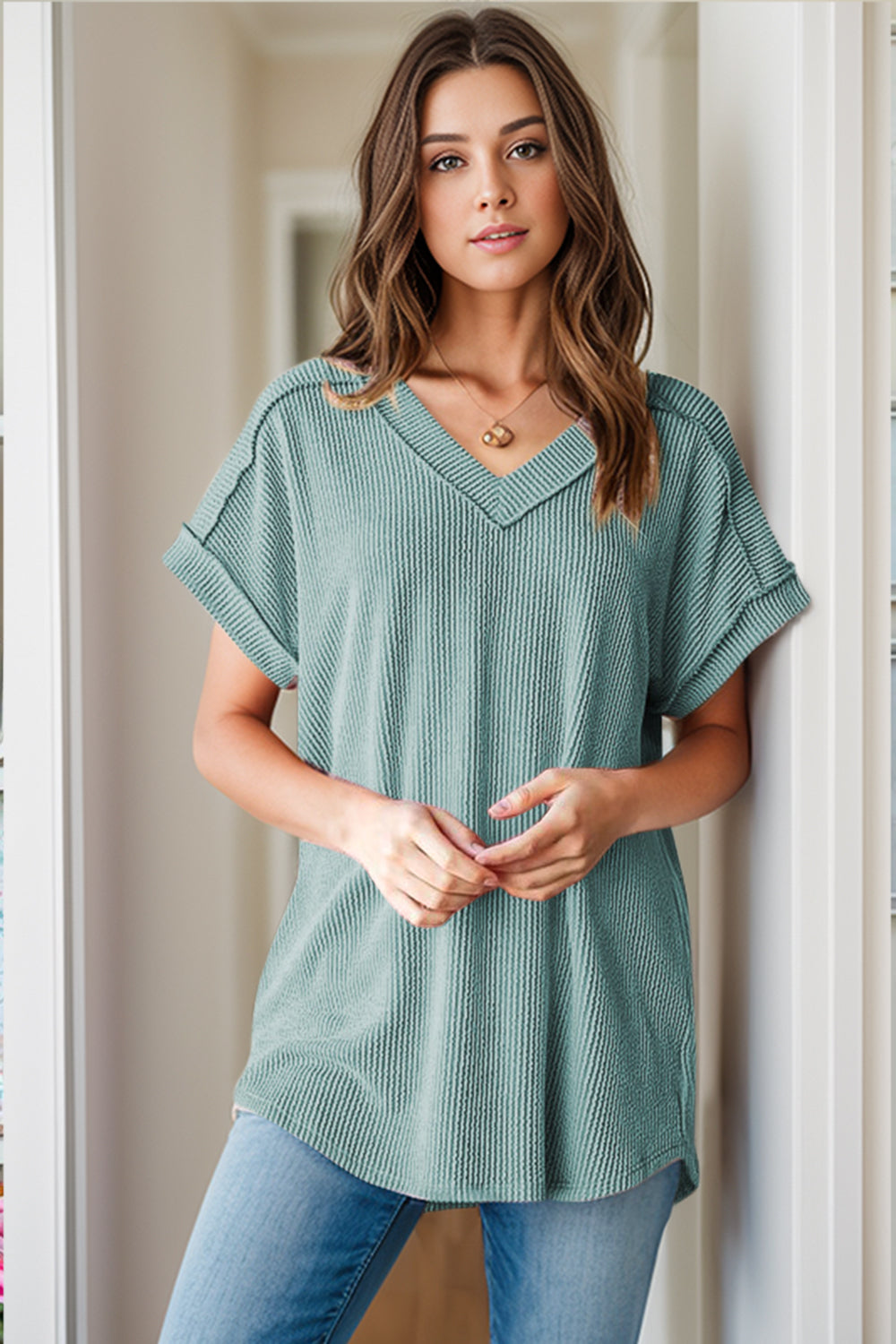 Textured V-Neck Short Sleeve Top - Scarlett's Riverside Boutique 