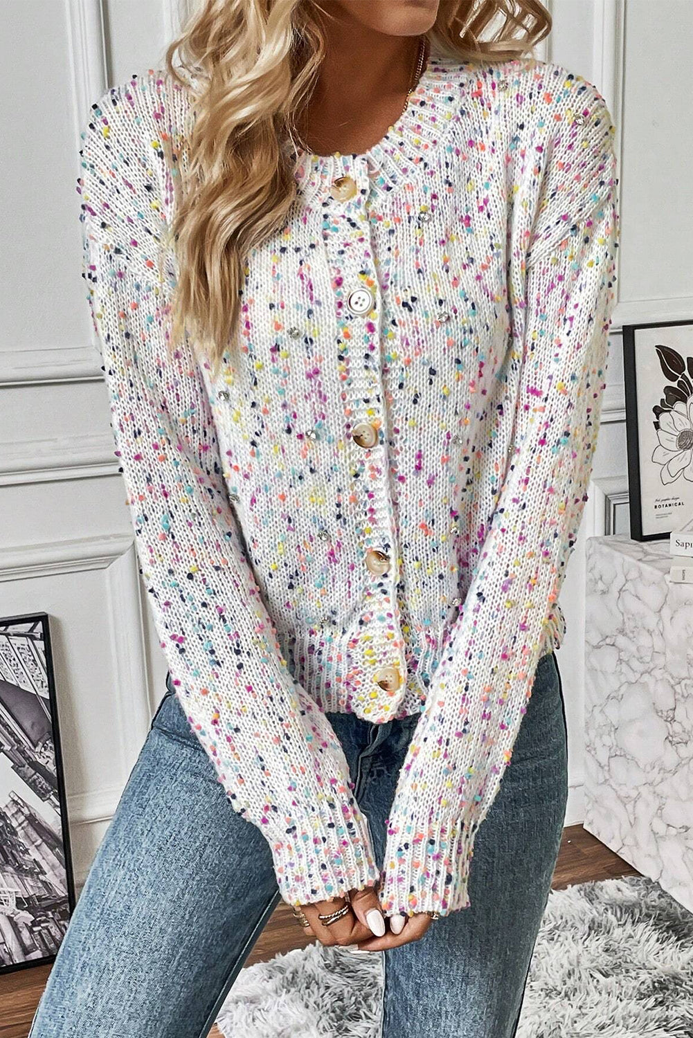 White Multicolor Confetti Sweater Cardigan - Scarlett's Riverside Boutique 