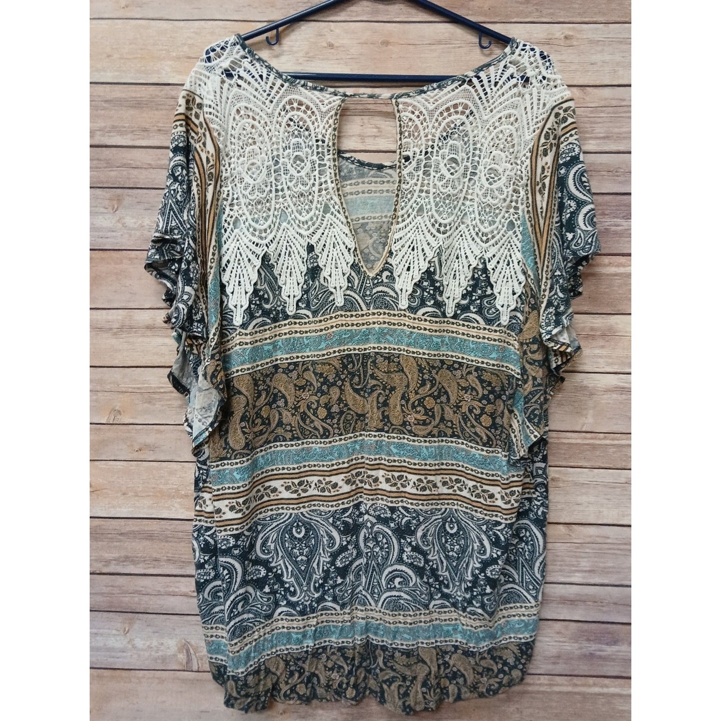 Boho Paisley Lace Yoke Blouse Women’s Short Sleeve Sheer Lightweight Top Size 22