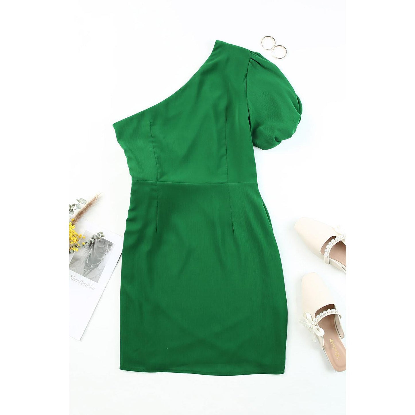 Tied One-Shoulder Puff Sleeve Dress Casual Flat Polyester Womenswear
