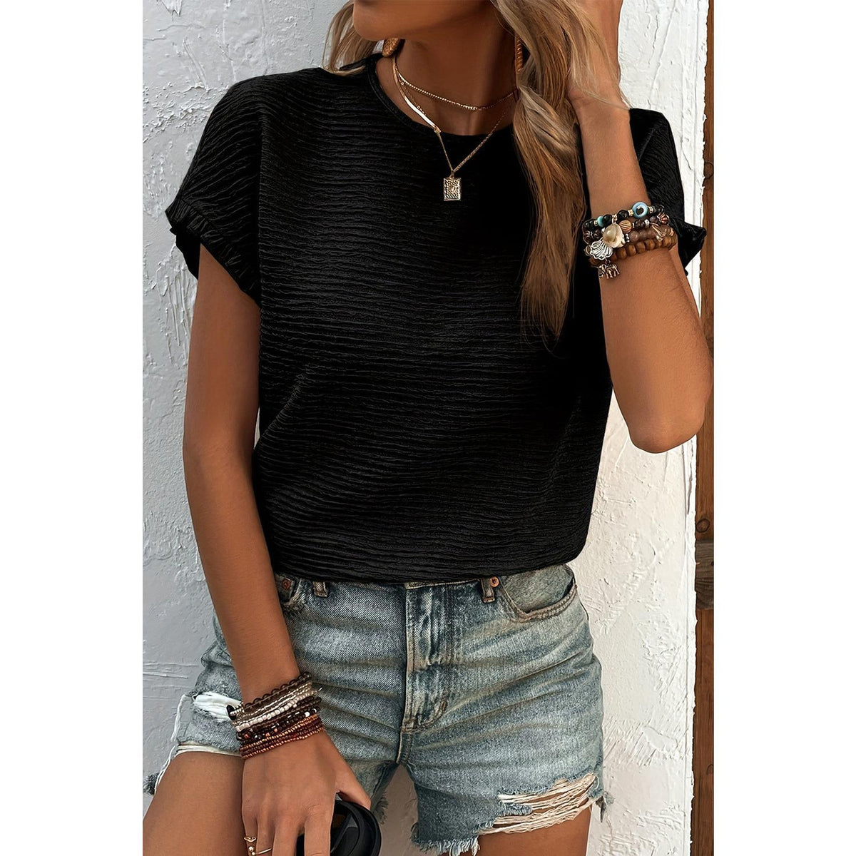 Black Solid Textured Ruffled Short Sleeve Blouse Fit Shirts Top Womenswear