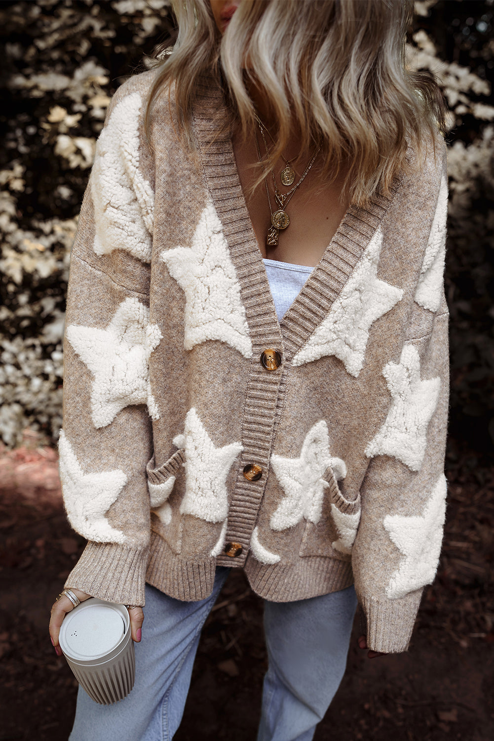 Khaki Sherpa Star Pattern Textured Sweater Cardigan with Pockets - Scarlett's Riverside Boutique 