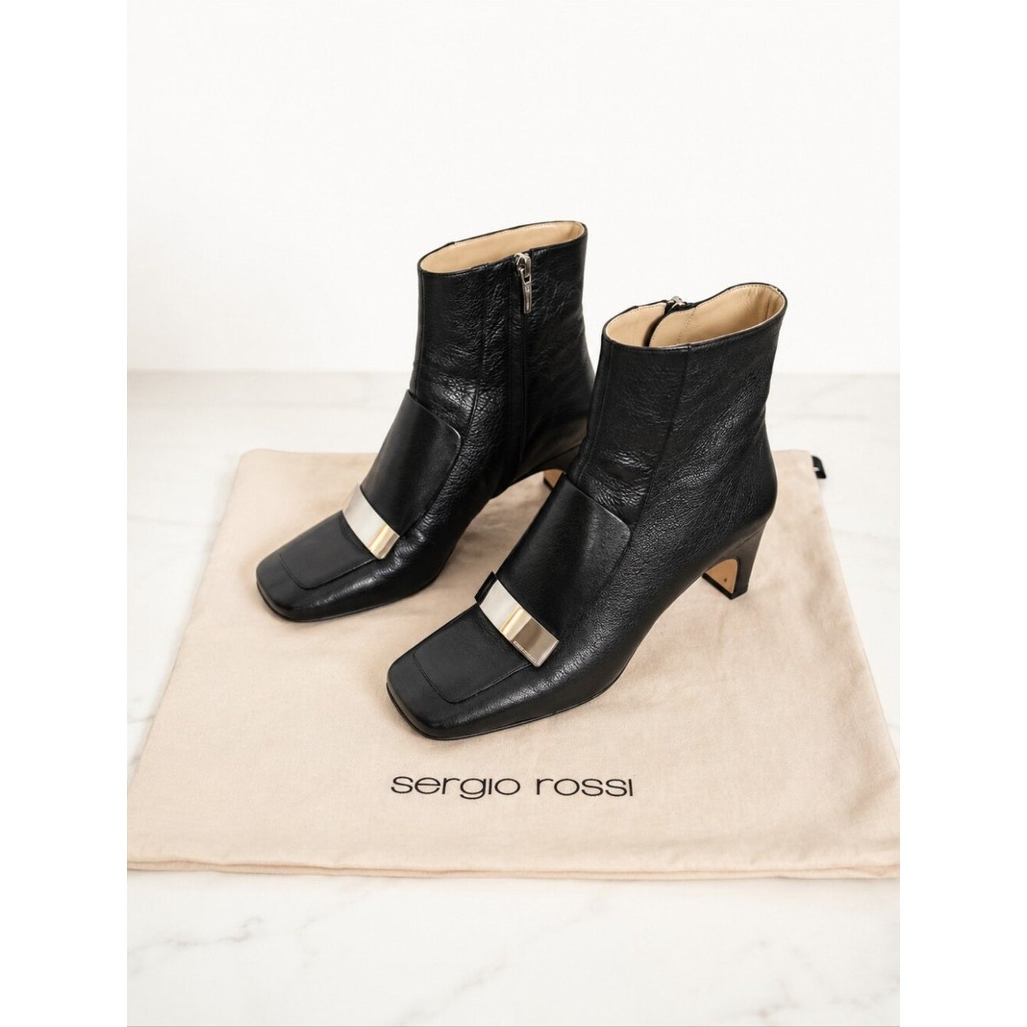 Sergio Rossi Black Leather Ankle Boots Women’s 38 Square Toe Silver Hardware