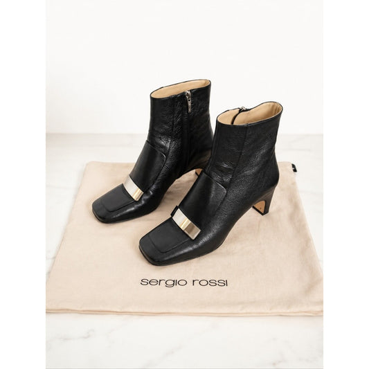 Sergio Rossi Black Leather Ankle Boots Women’s 38 Square Toe Silver Hardware