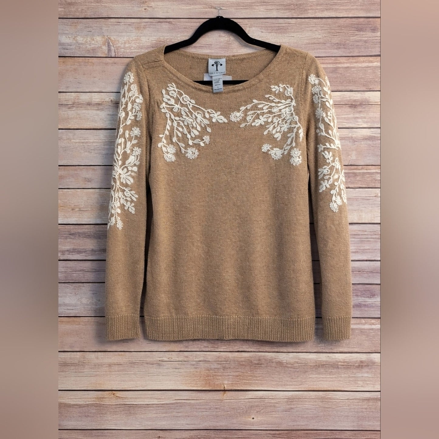 Tan Sweater with White Floral Embroidery, Size S