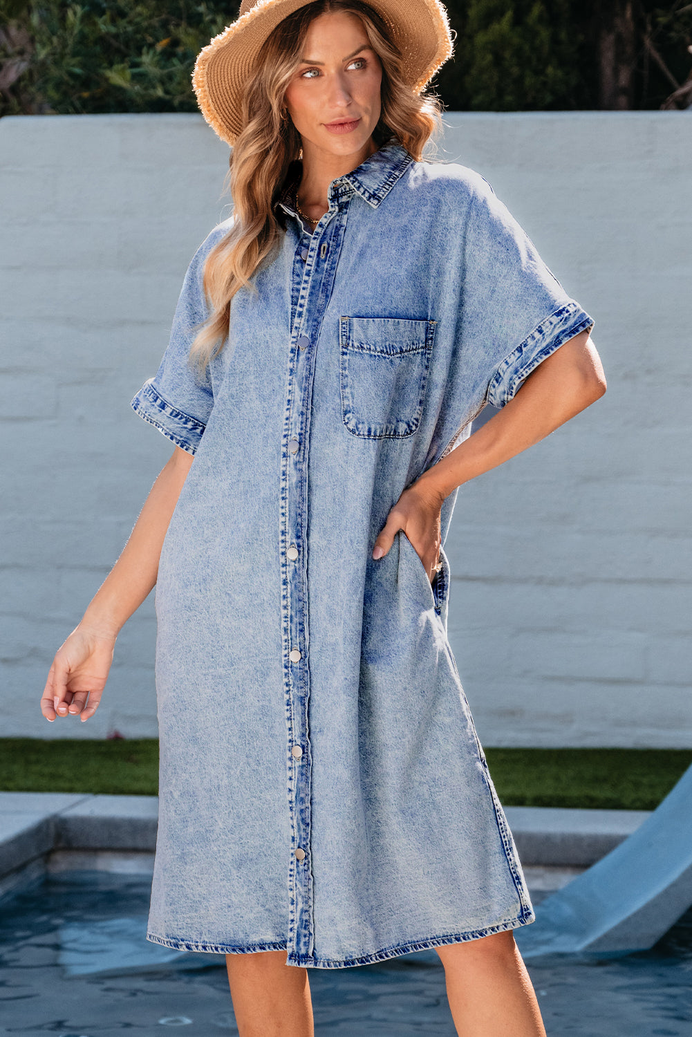 Light Blue Loose Medium Wash Short Sleeve Shirt Chambray Dress - Scarlett's Riverside Boutique 