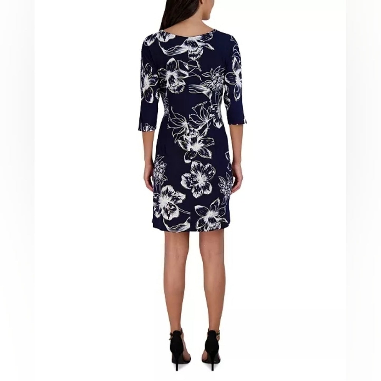 Signature by Robbie Bee Navy and White Floral Tie-Accent Shift Dress Sz PS. #G13