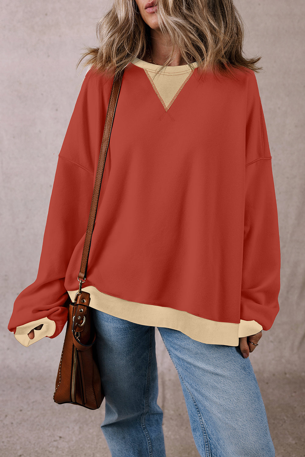 Red Clay Color Block Patch Drop Shoulder Oversized Sweatshirt - Scarlett's Riverside Boutique 