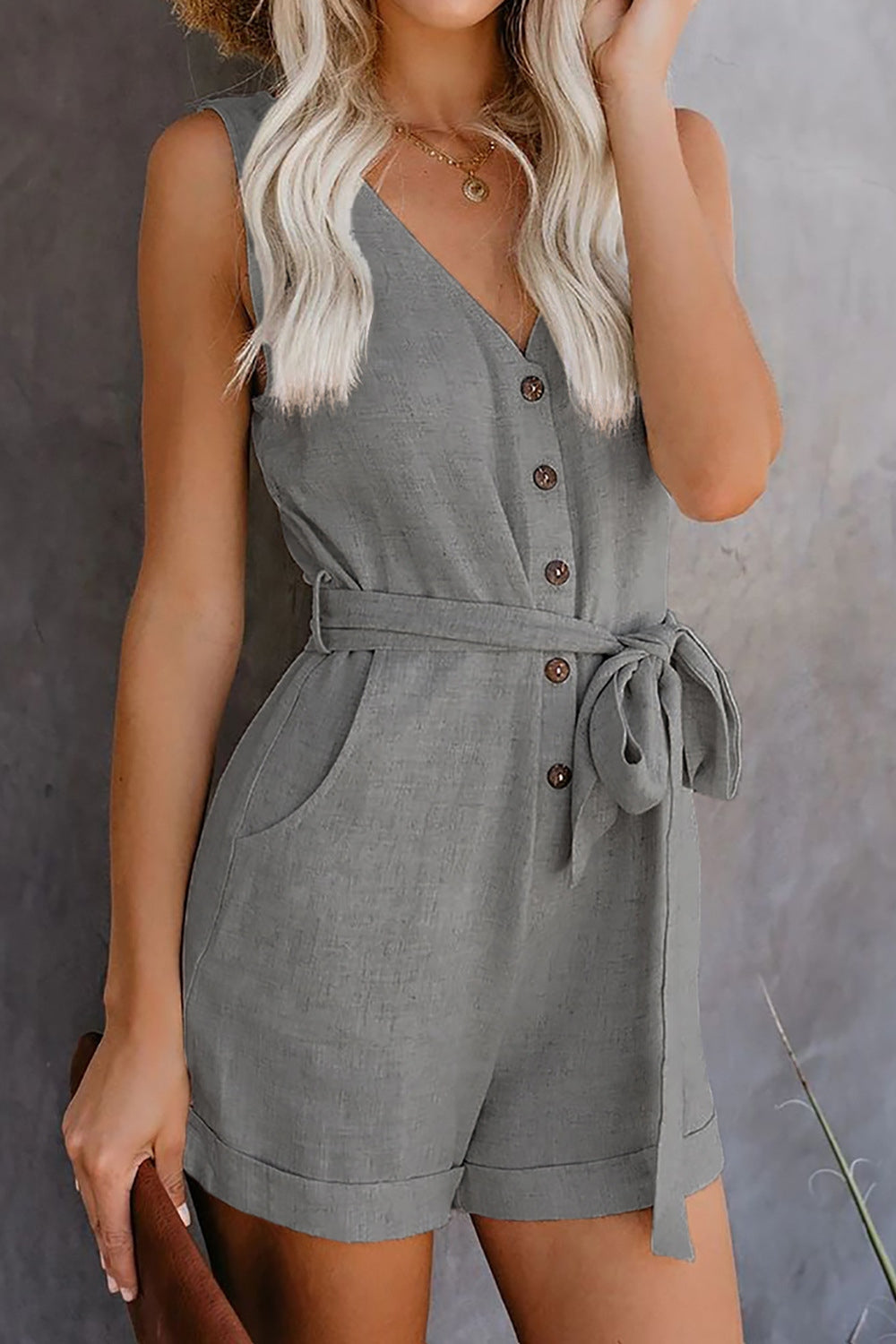 Full Size Tied V-Neck Sleeveless Romper with Pockets - Scarlett's Riverside Boutique 