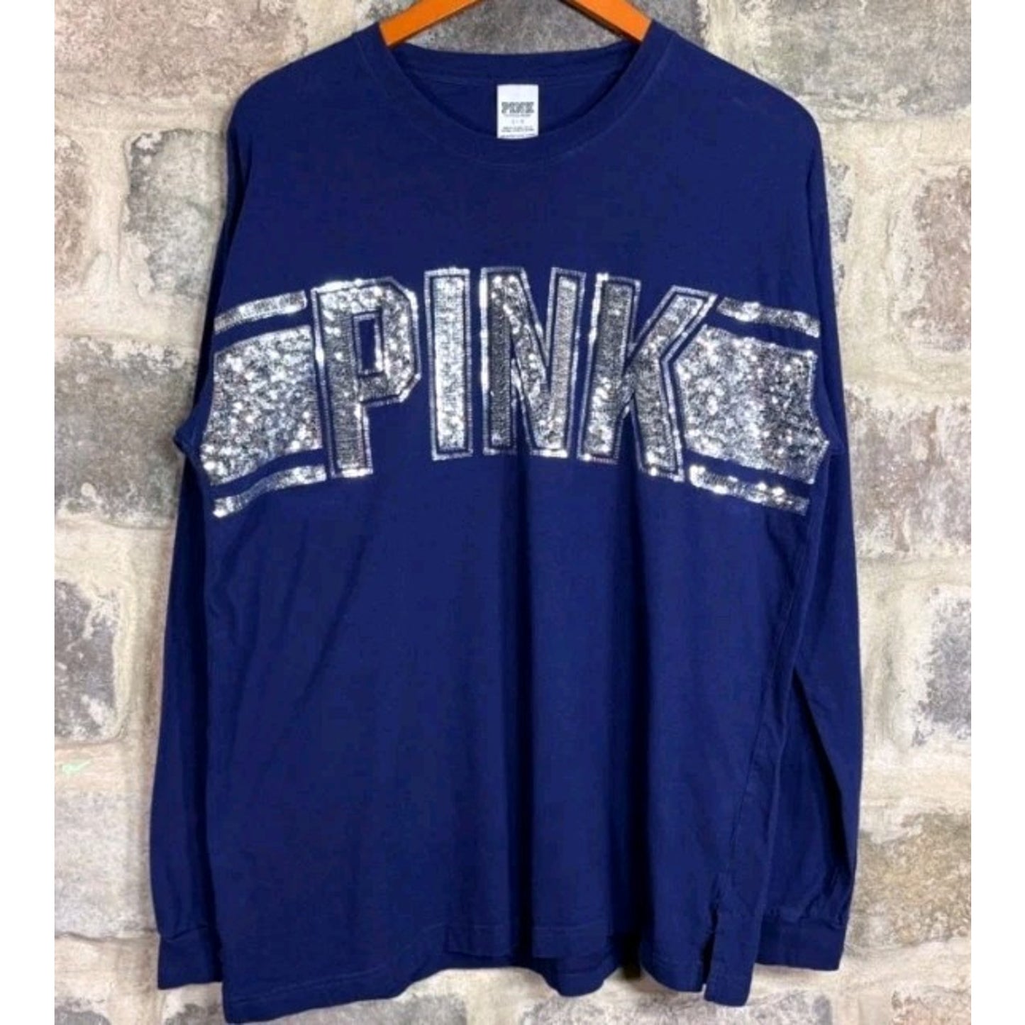 Victoria's Secret PINK Long Sleeve Sequin Logo T-Shirt Navy Blue Women's Sz Smal