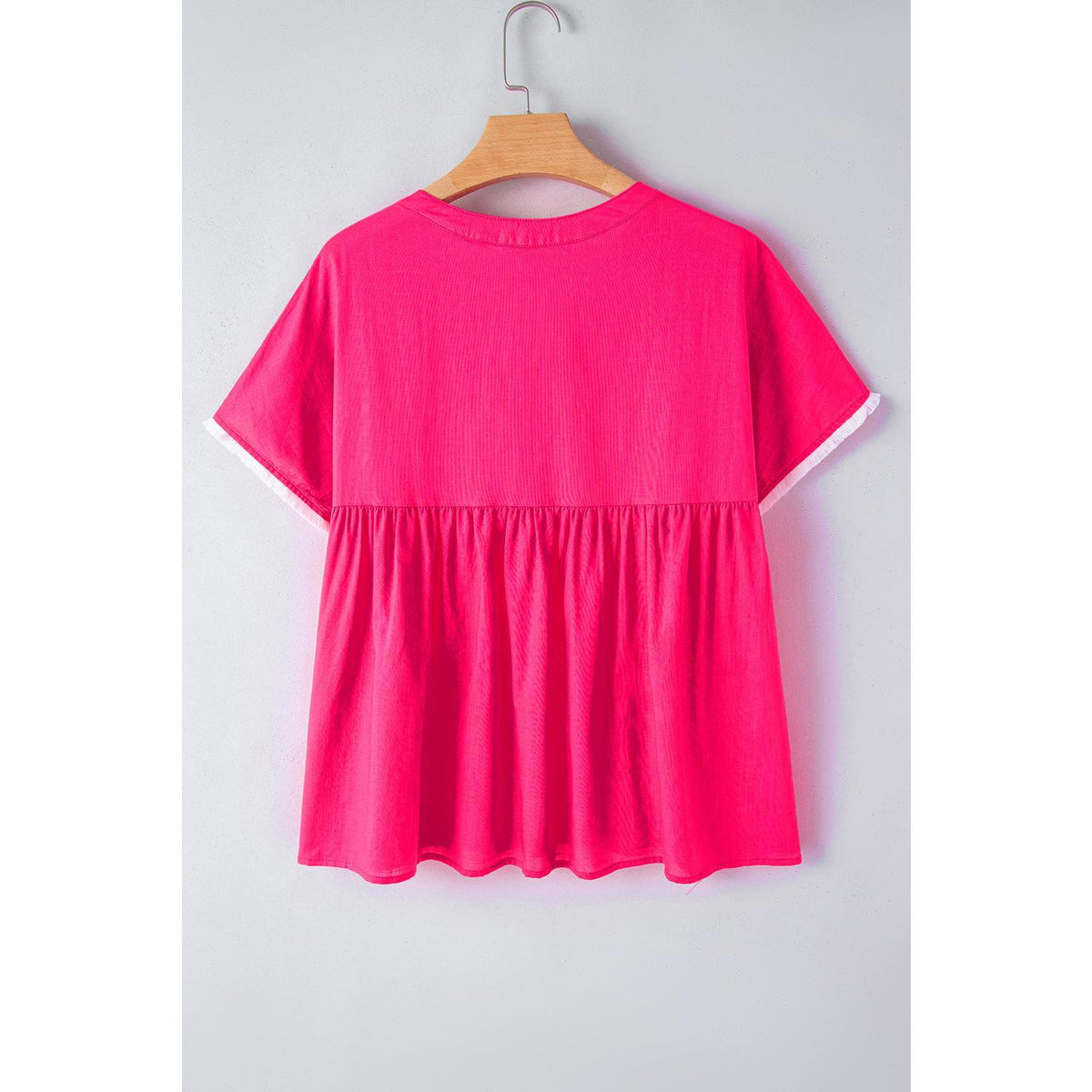 Strawberry Pink Geometric Embroidered Tassel Tie V Neck Blouse Shirts Top Womenswear Casual
