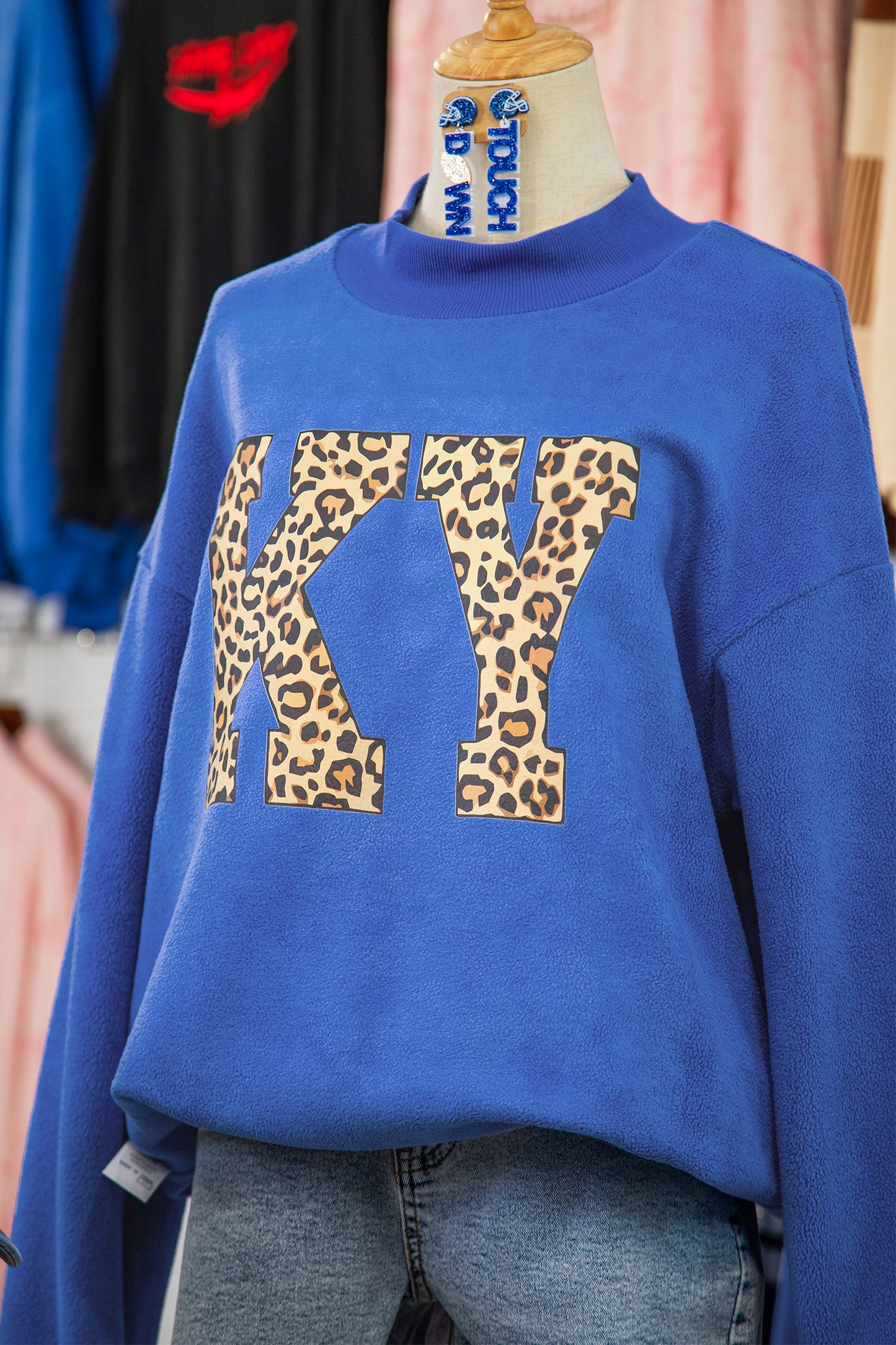Dark Blue KENTUCKY Leopard KY Letter Print Reversible High Neck Sweatshirt
