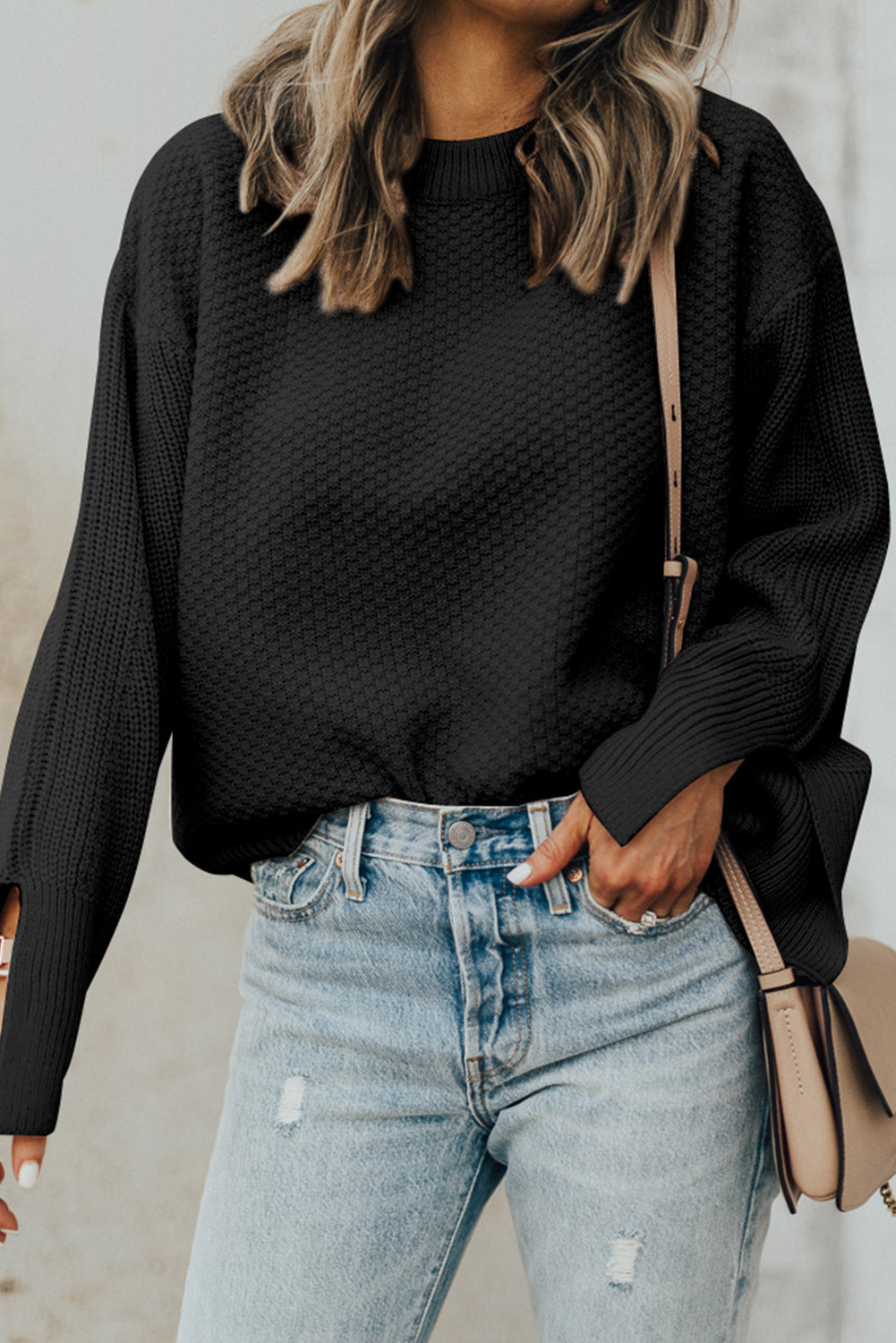 Parchment Solid Textured Knit Split Cuff Drop Shoulder Loose Sweater black or cream available!