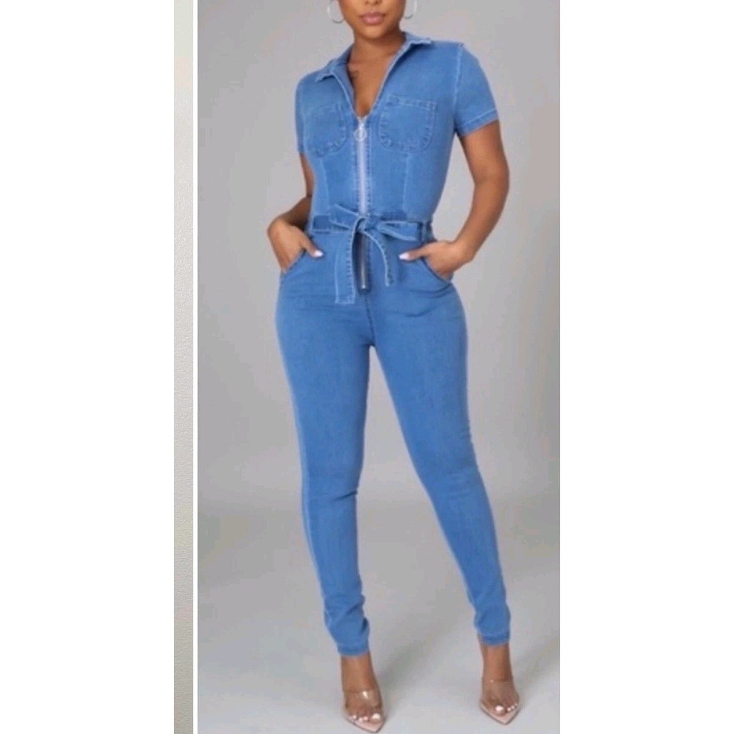 NWT Haute Monde Zip Up Front Denim Short Sleeves Bodycon Jumpsuit Size XL