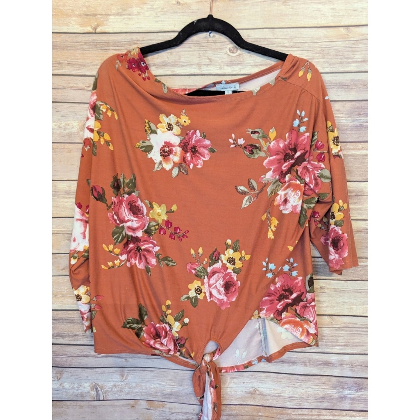 White Birch Women’s XL Floral Tie Front Top Rust Pink Boho 3/4 Sleeve Blouse