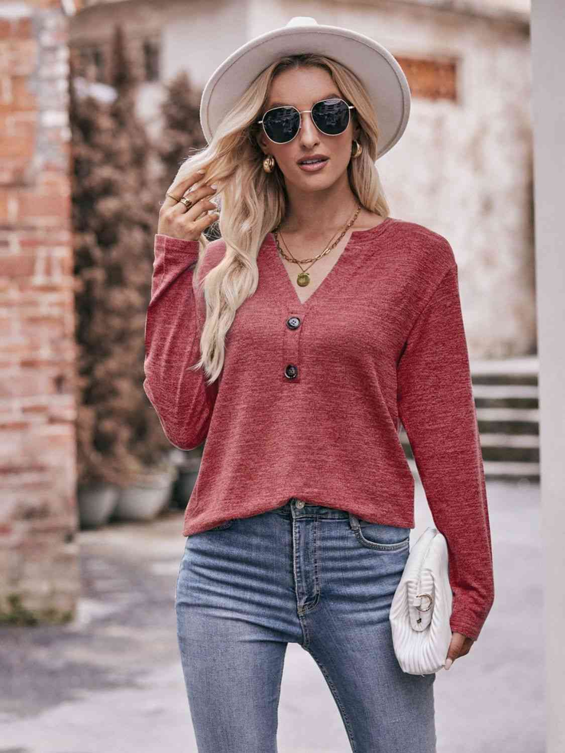 Double Take Buttoned Notched Neck Long Sleeve Top Casual Womenswear Solid Comfort