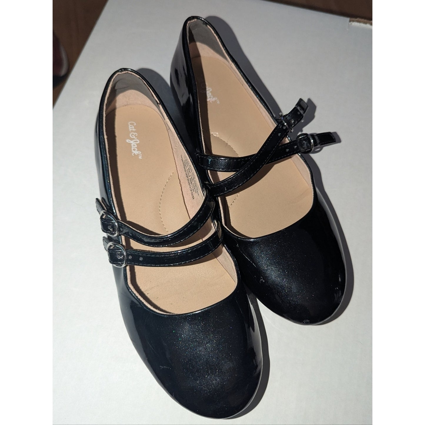 Cat & Jack Black Patent Double Strap Mary Jane Flats Girls Size 3 Dress Shoes
