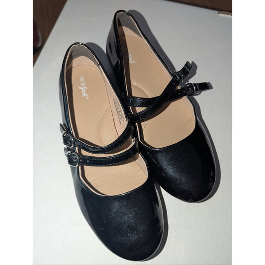 Cat & Jack Black Patent Double Strap Mary Jane Flats Girls Size 3 Dress Shoes